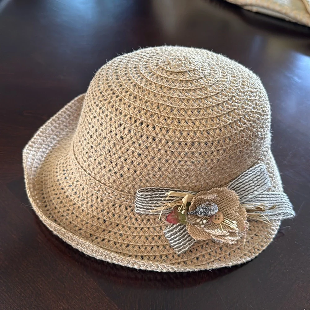 Summer Hat With Burlap/Ribbon Flower At The Side